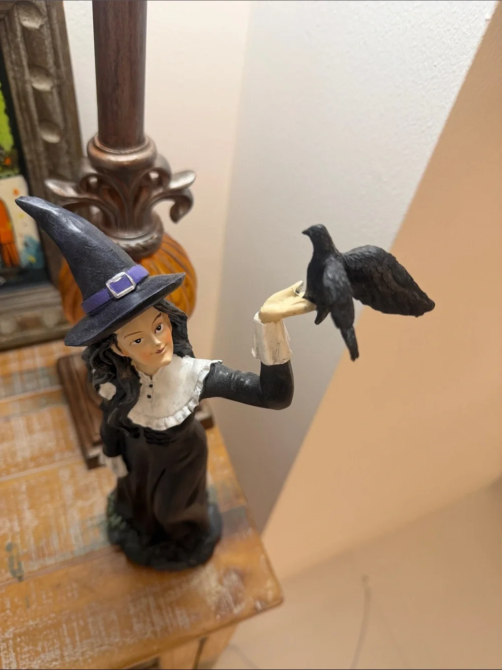 Halloween Witch Figurine with Raven - Black & Cream Accents